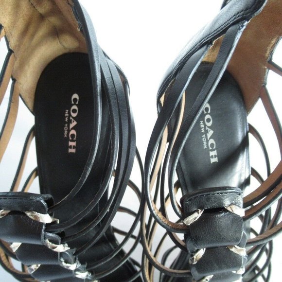 Coach Josey Heels 9.5 Black Snake Python Vegan Leather Cage Gladiator - Picture 6 of 8